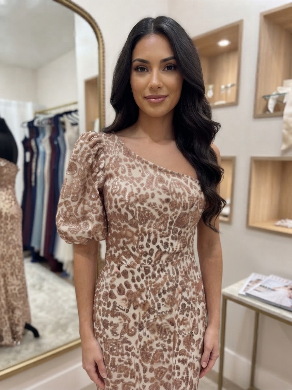 One-Shoulder Puff Sleeve Animal Print Dress in Beige Brown